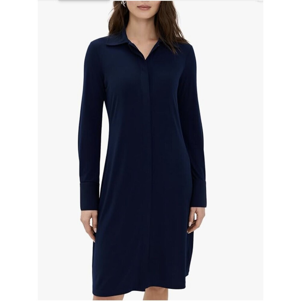 Vince Shirt Dress Womens XL Blue Jersey Collared Long Sleeve Knee Length Stretch